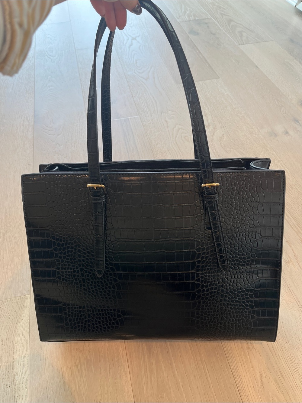 Black Croc-Embossed Leather Laptop Bag - Classic Workday Handbag